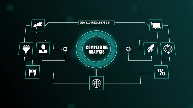 Competitive analysis concept featuring futuristic digital interface with glowing business icons, illustrating market research and strategic growth on dark background.