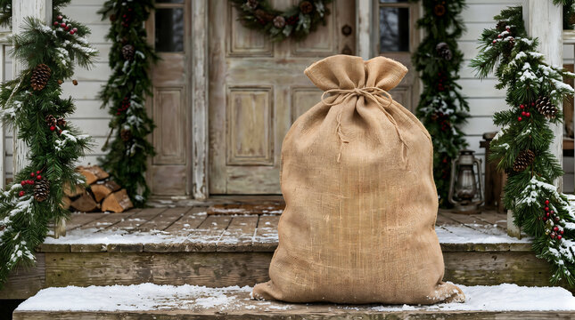 Burlap sack sitting on a snowy porch with winter holiday decorations