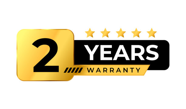 Golden 2 years warranty badge Logo. Premium luxury warranty gold label. Perfect for icon, sticker, sign, symbol, seal, banner, emblem, stamp, tag, award, button, insignia. Vector Illustration