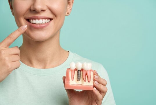 Cropped view of smiling woman holding dental implant model showing tooth, crown and titanium screw, dentistry and implantology concept on mint green background with copy space