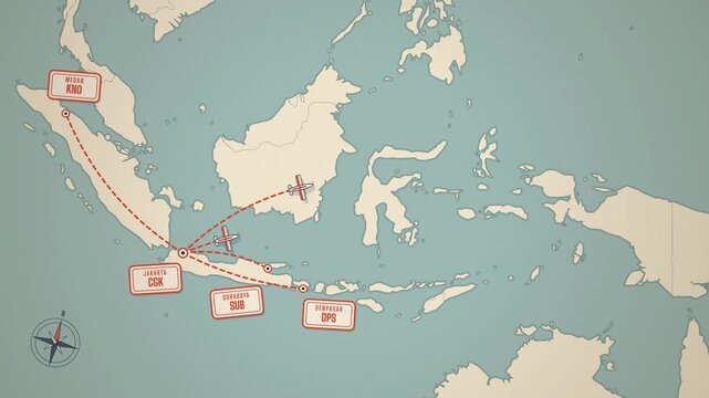 Flights from Jakarta to Indonesian cities on retro map with labels
