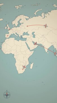 Vertical retro world map with planes on flight routes seamless loop