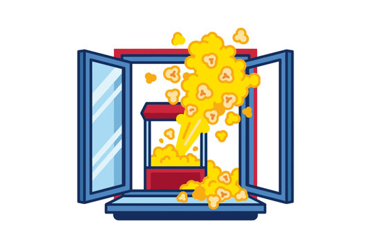 A popcorn machine overflows with fresh kernels in an open window
