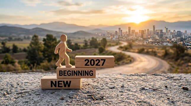 A wooden figure walks a path beside blocks spelling new beginning 2027