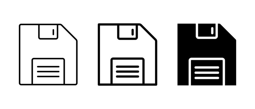 Save disk icon set, floppy diskette file storage and backup vector symbols for computer