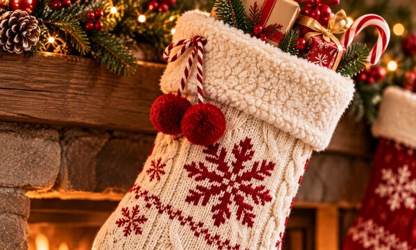 Knitted Christmas Stocking with Snowflake Pattern Hanging Beside a Cozy Fireplace
