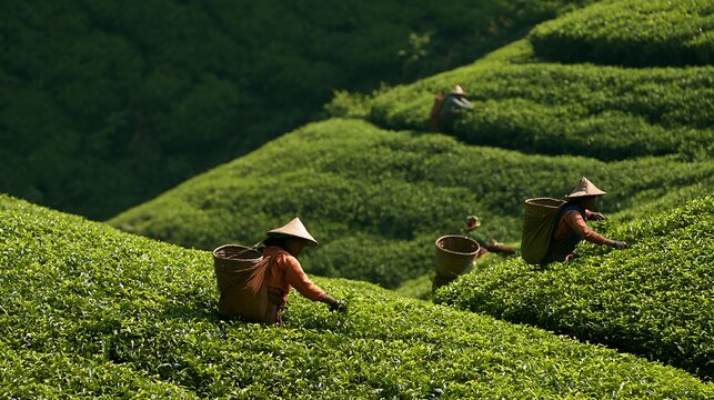 Tea plantation workers harvesting fresh green tea leaves in Indonesia.