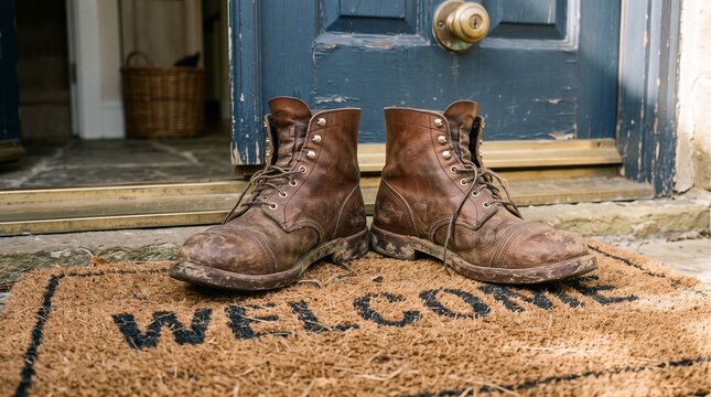 Worn Leather Work Boots On Home Welcome Doormat Symbolizing Hard Work And Arrival For Immigrant Day
