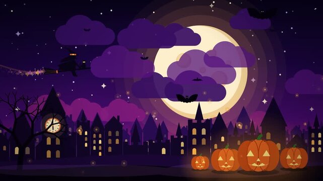 Spooky Halloween Night Animation with Flying Witch on Broomstick and Glowing Pumpkins Under Full Moon
