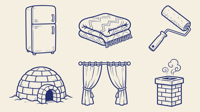 Hand drawn doodle style icon set featuring refrigerator, folded blanket, paint roller, igloo, curtains, and chimney on light background