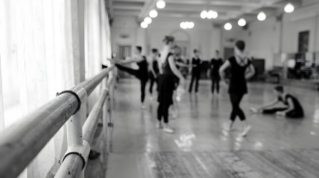 Group of Dedicated Young Ballet Dancers Practicing Graceful Moves and Stretching at the Barre in a Bright Professional Studio