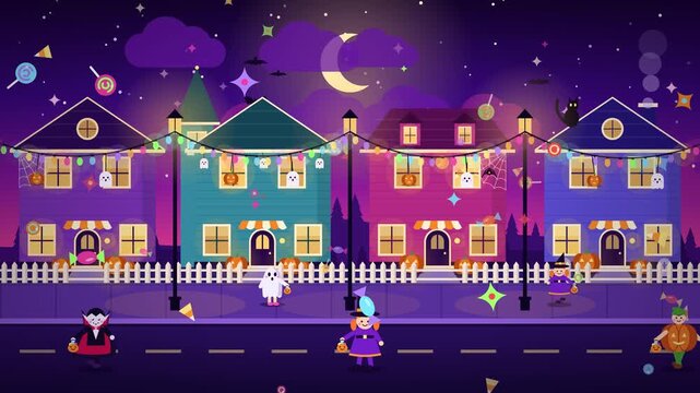 Spooky Halloween Trick-or-Treat Street Animation with Kids in Costumes and Decorated Houses Under Crescent Moon