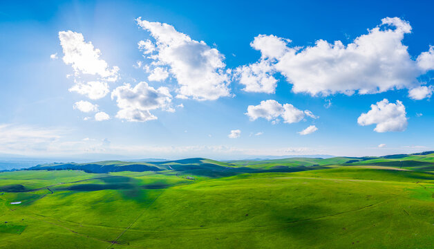Aerial view of a vast alpine meadow with rolling green hills under a blue sky in Kalajun Grassland, Xinjiang, China.