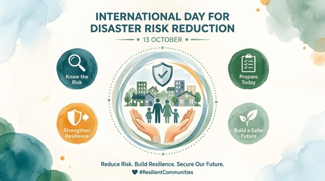 Disaster risk reduction illustration with icons and a protective cityscape