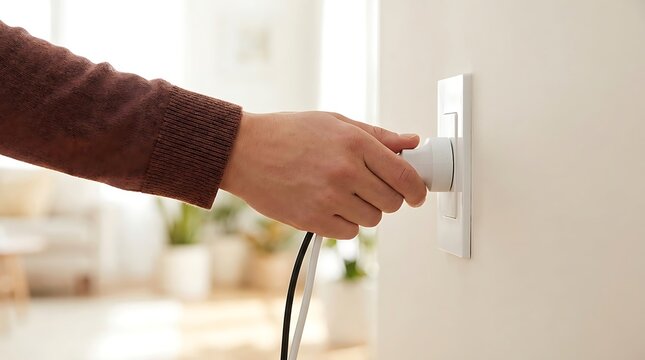Hand of a person plugging a white electrical cord into a wall outlet in a bright room cable