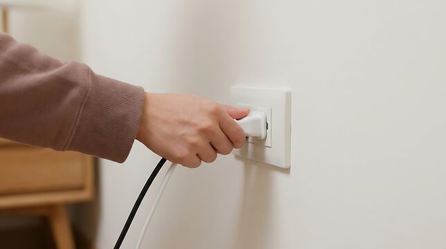 Close up of a person plugging an electrical cable into a wall socket at home