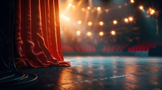Empty Theatrical Stage with Dramatic Red Velvet Curtains and Cinematic Golden Spotlight Illumination for Performance Arts