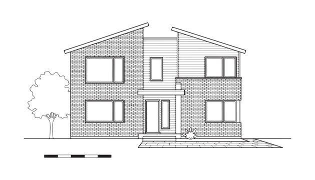 Modern split level residential villa front elevation architectural CAD drawing featuring dual shed roofs brick cladding picture windows and entryway vector line art