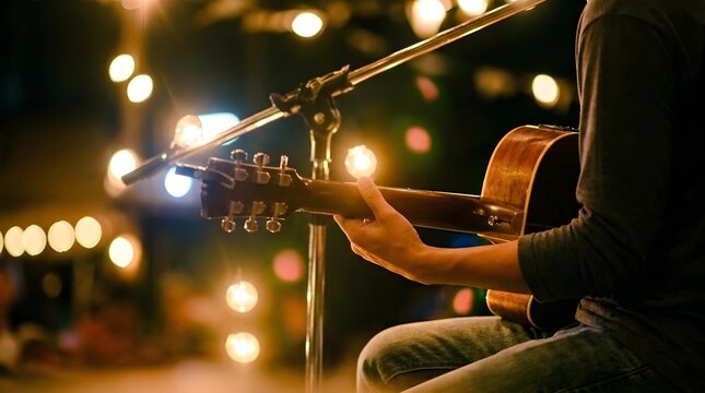 Musician playing acoustic guitar during live outdoor concert performance with warm bokeh lights
