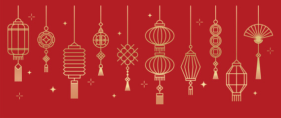 Naklejka na ściany i meble Chinese New Year Hanging Lantern Vector Decorations in Gold Line Art on Red Background with Traditional Lucky Knots and Festive Tassels