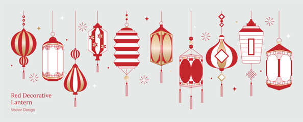 Naklejka na ściany i meble Red Chinese Lantern Vector Collection with Hanging Traditional Festival Lights and Geometric Ornaments for Lunar New Year Celebration