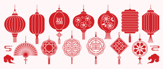 Naklejka na ściany i meble Chinese New Year Red Lantern Vector Set Featuring Decorative Hanging Ornaments and Fu Character Meaning Good Fortune, Blessing