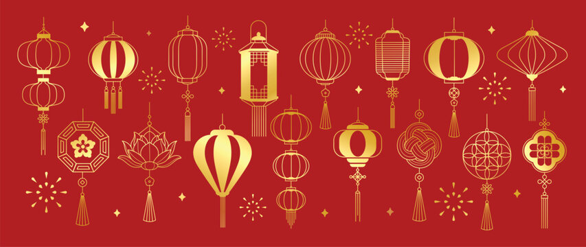 Chinese New Year Lantern Vector Collection with Ornate Gold Hanging Decorations on Rich Red Background for Lunar Festival and Spring Celebration