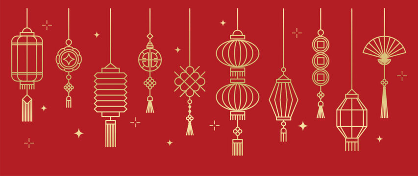 Chinese New Year Hanging Lantern Vector Decorations in Gold Line Art on Red Background with Traditional Lucky Knots and Festive Tassels