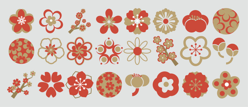 Chinese Plum Blossom Vector Collection in Red and Gold Featuring Decorative Floral Symbols for Lunar New Year, Spring Festival Designs