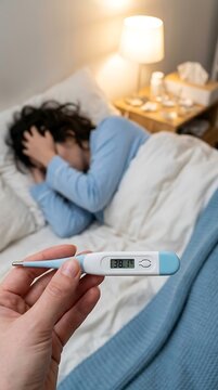 Hand holding digital thermometer showing fever temperature while sick woman lies in bed in bedroom illness