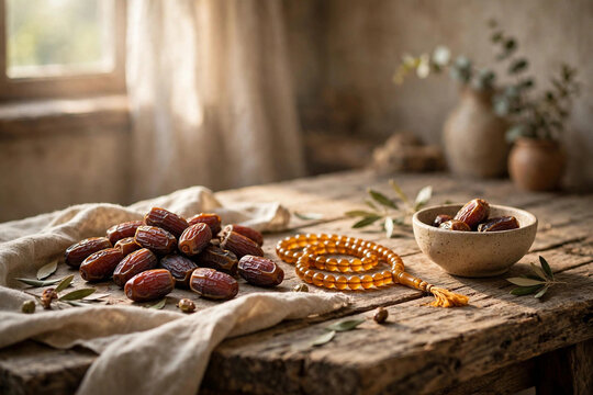 Dried dates and amber prayer beads on rustic wooden table beside ceramic bowl, soft warm window light Ramadan food still life