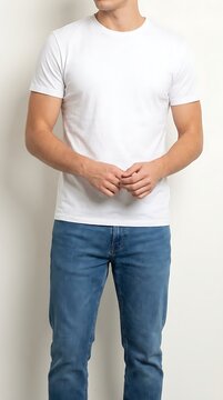 Faceless man wearing plain white t-shirt and blue jeans standing against neutral wall background person