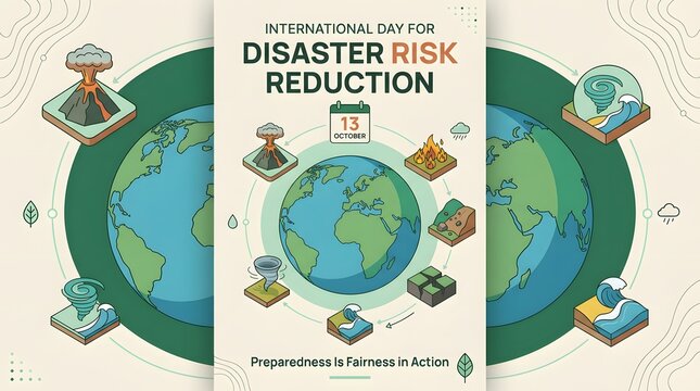Disaster risk reduction illustration depicts earth with various natural hazards