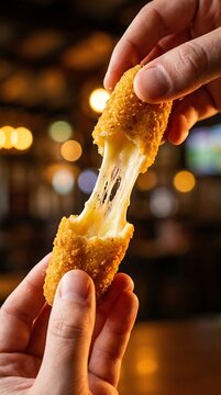 Two hands pulling apart a crispy fried mozzarella cheese stick with gooey melted cheese stretching