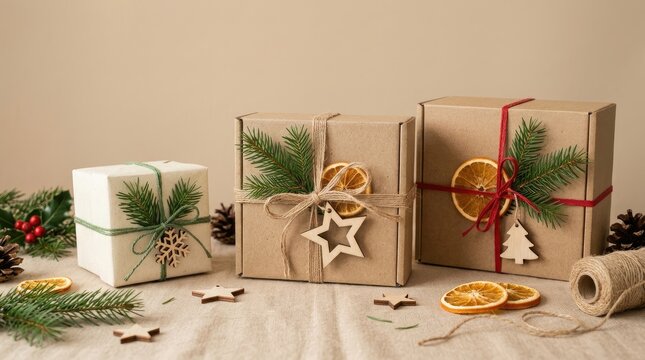 Rustic christmas gift boxes wrapped in craft paper with natural decorations on tabletop