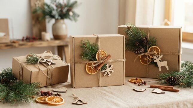 Sustainable christmas presents arranged on table with pine needles and dried orange slices