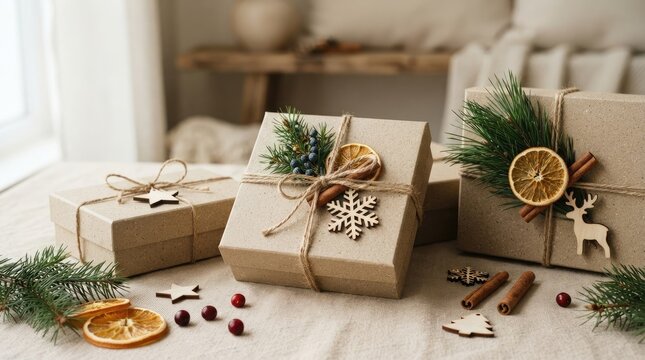Rustic eco friendly christmas gift parcels decorated with snowflakes and dried citrus
