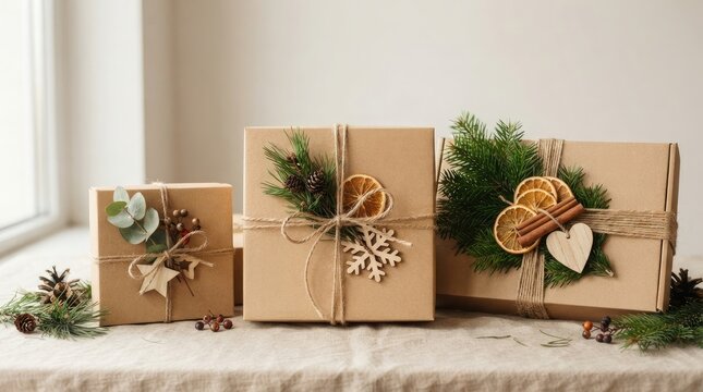 Collection of festive holiday gifts wrapped in craft paper on a decorated table
