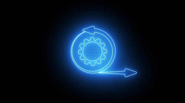 Blue neon process workflow icon highlighting mechanical integration, automation and efficiency