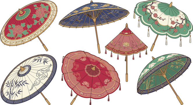 Traditional Chinese Oil Paper Umbrellas Vector Set Featuring Elegant Vintage Floral Patterns Tassels Bamboo and Cloud Motifs for Asian Cultural Graphic Designs