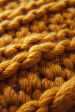 Extreme macro closeup of chunky merino wool cable stitches in mustard yellow for cozy textile background and knitwear detail design