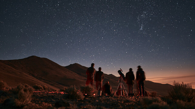Adult astronomy enthusiasts using portable telescope under Carson City desert night sky showcasing dark sky leisure and astronomy education