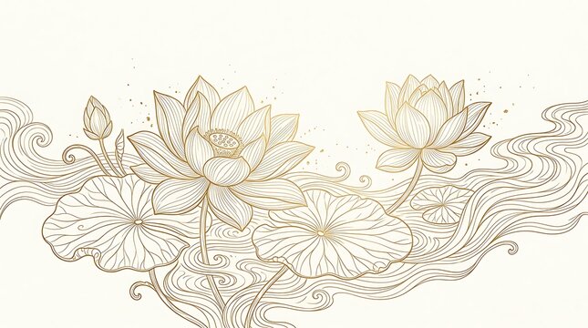 Golden lotus flower vector illustration with linear water waves and lily pads on white background