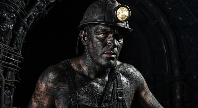 Portrait of a coal miner in a dark tunnel, showcasing determination and grit amidst mining equipment