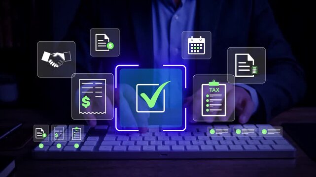 Invoice approval workflow with digital tax documents and verification checkmark, business professional reviewing electronic billing, accounting record and payment processing on laptop