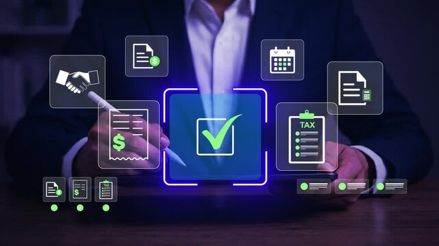 Invoice approval workflow with digital tax documents and verification checkmark, business professional reviewing electronic billing, accounting record and payment processing on laptop