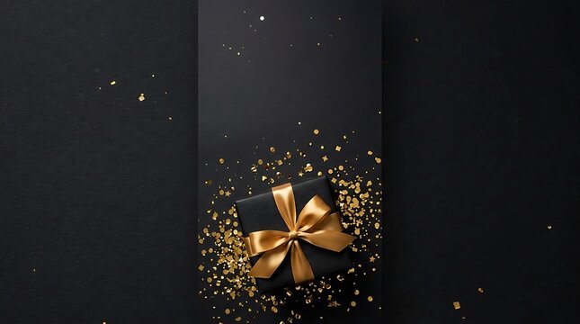 Elegant gift box with gold ribbon on black glittery background