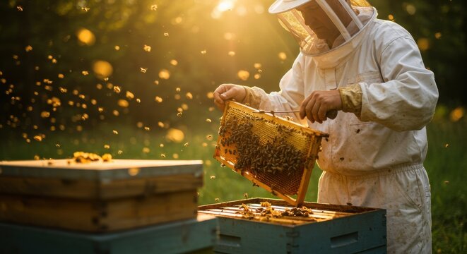Beekeeper inspecting a honeycomb frame in a sunlit apiary, surrounded by buzzing bees and nature