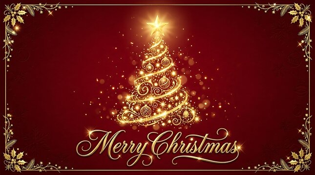 Elegant golden christmas tree with sparkles and merry christmas text on dark red background