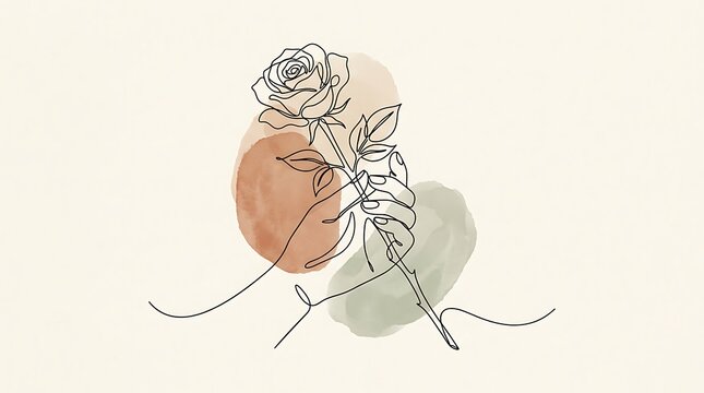 Elegant hand holding a beautiful sketch rose with green leaves